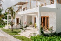 Bright modern villa in Jambiani, Tanzania with lush garden surroundings.