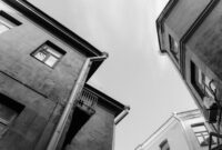 A low angle shot of urban buildings with a vintage architectural style in black and white.
